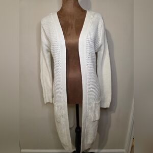 Ambiance Apparel Cream Longline Knit Cardigan – Size M – Open Front Cozy Duster
